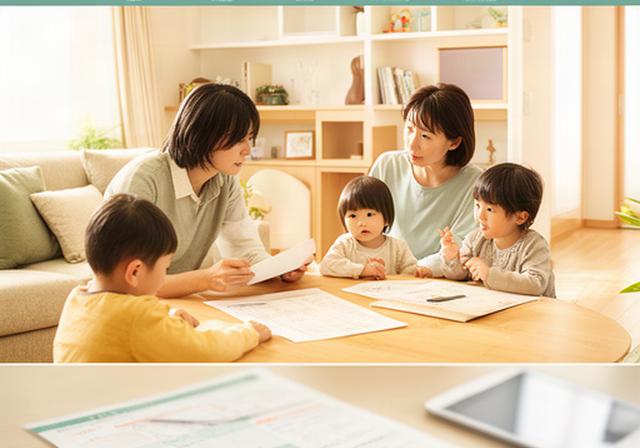 滋賀県栗東市の明るいリビングで家族が教育費の計画表を囲んで相談する様子