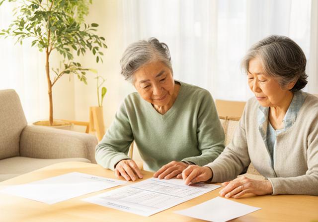 滋賀県栗東市の明るい居間で退職後の家計表を夫婦が確認する様子