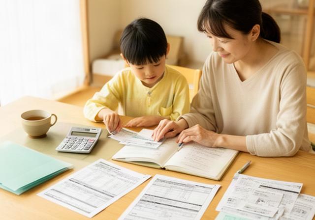 親子が明るい自宅のテーブルで家計ノートと支援制度の資料を確認する様子